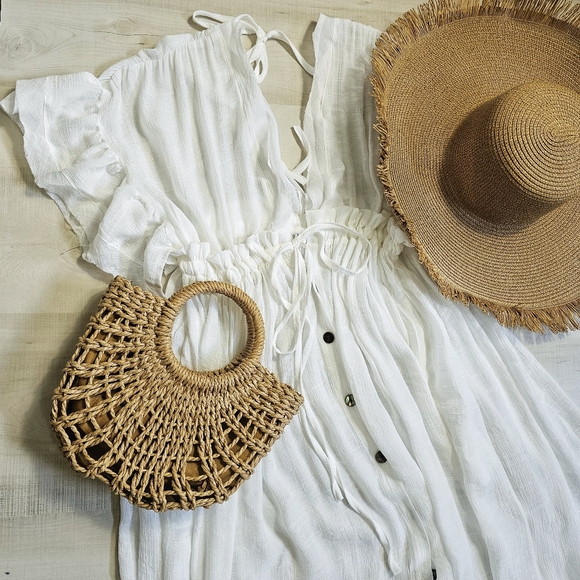 New Flowy Semi Sheer Maxi Cover Up Dress Summer White - Picture 9 of 11